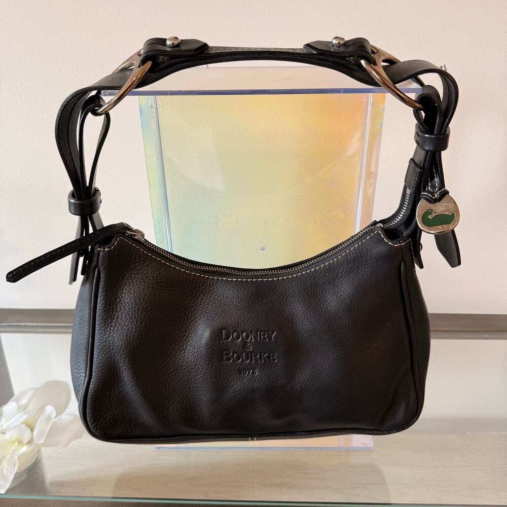 Vintage Dooney & Bourke Black Leather Shoulder Hobo Bag Green Duck Charm